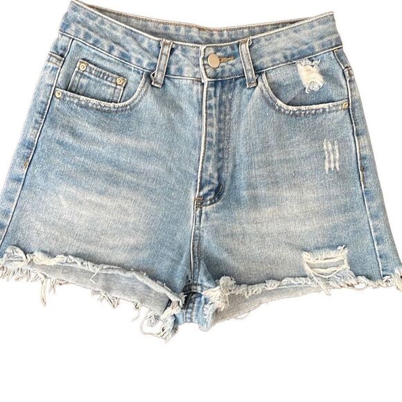 SHEIN High Waisted Denim Shorts with Frayed Hem Distressed Light Rinse Size XS - Picture 1 of 7